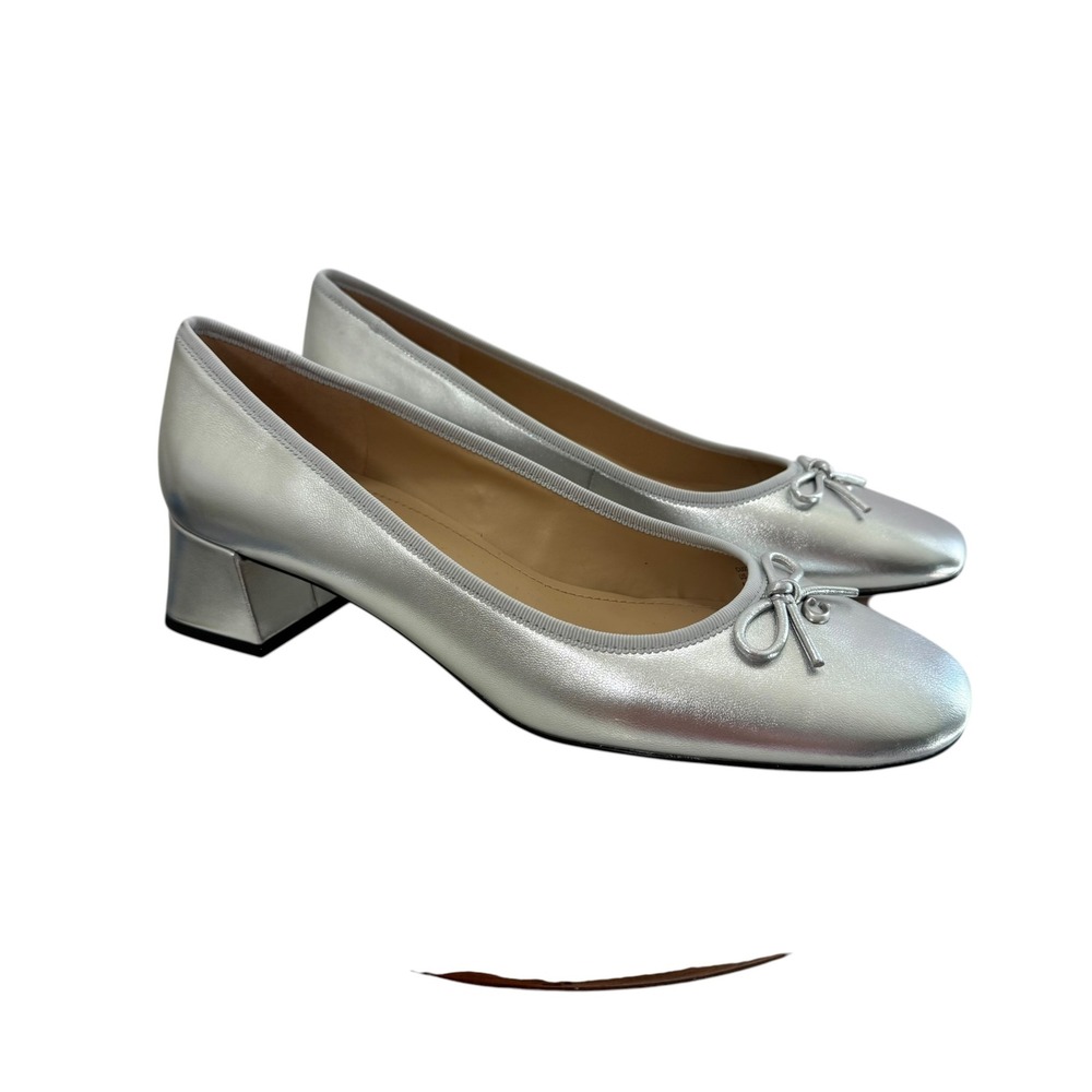 Coach Womens Metallic Silver Leather Block Heel Bow Pumps Shoes Square Toe